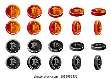 Vector animation rotation red and black 3D Bitcoin coins. Digital or Virtual currencies and electronic cash.