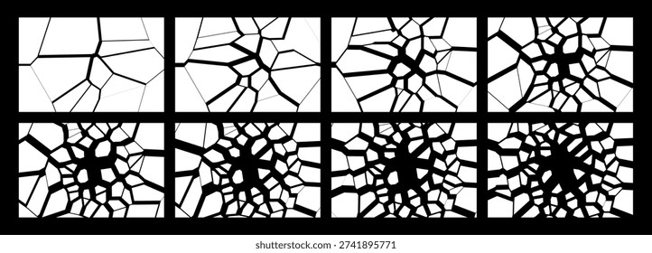 Vector animation sprite sheet of shattered glass in motion. Progressive destruction concept for video game assets and visual effects simulation.