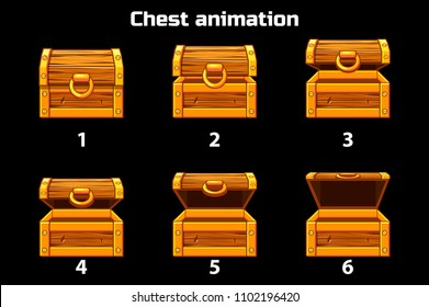 Vector animation step by step open and closed wooden chest, game assets