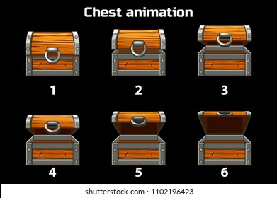 Vector animation step by step open and closed wooden chest, game assets