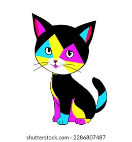 Vector anime drawing of a black kitten with a red bow, in the form of multicolored triangles and other geometric shapes in the style of pop art. 
