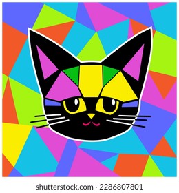 Vector anime drawing of a black kitten's muzzle with multicolored geometric shapes in pop art style. The background can be separated.
