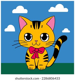 Vector anime drawing of a yellow kitten with stripes or a tiger cub with a red bow. The background can be separated.