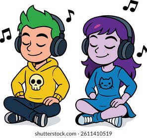 Vector Anime friends listening to music with headphones, musical notes around. Perfect for youth or relaxation themes in animations. Colorful vector design.