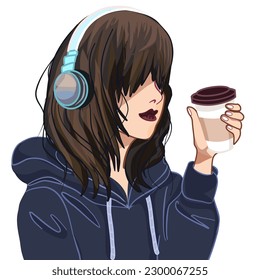 vector anime a girl have headphones and paper cup coffee ,  hand drawing illustration