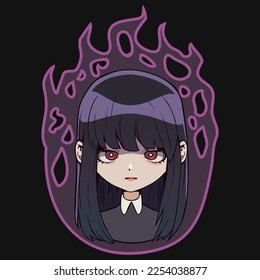 Vector anime girl portrait with long dark hair. Smiling gothic girl with red eyes and dark scary aura