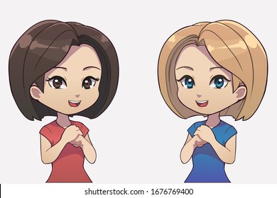 Vector anime girls with chin-length bob haircut. A blonde with blue eyes and brunette with dark eyes in t-shirts isolated on white