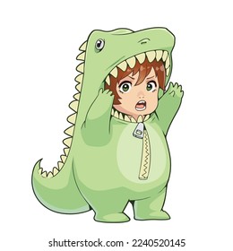 Vector anime kid in cute dinosaur costume. Roaring child in green dino costume with zipper isolated on white