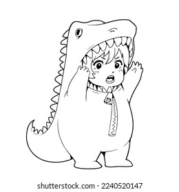 Vector anime kid in cute dinosaur costume. Line art of roaring child in dinosaur costume with zipper