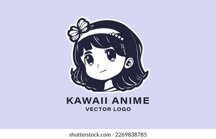 Vector anime logo. Monochrome portrait of a beautiful young cute kawaii girl with a bow. Sticker, icon or emblem.