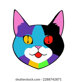 Vector anime sketch of a cat's muzzle with a protruding tongue, drawn with multicolored geometric shapes in pop art style
