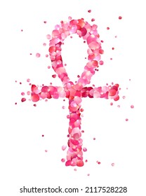 Vector ankh. Egyptian Symbol of the Afterlife of pink rose petals