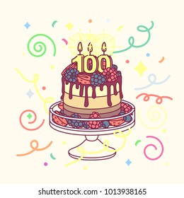 vector anniversary cake with 100 candles and cakestand. Colorful confetty decoration design. Festive cartoon invitation. Celebrate concept. Sweet celebration party card isolated on light background. 