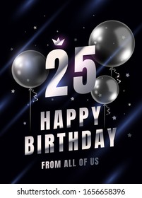 Vector anniversary celebration illustration with 3d realistic silver air balloon on black background with glitter confetti and text. Holiday happy birthday design for greeting card, party poster