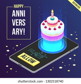 Vector Anniversary Design Template for Web Banner. Modern Illustration with Virtual Reality Cake on Mobile. Augmented Reality template in isometric style.