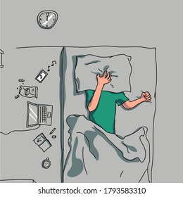 vector of annoyed people cover their faces with pillows, on the mattress