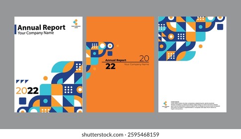 Vector annual report cover with geometric and circle and square shape design. Design for the front, middle, and back pages.