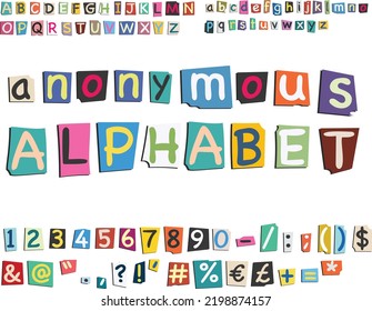 Vector of the anonymous alphabet. Anonymous alphabet with numbers and symbols. Newsletter alphabet