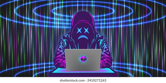 Vector anonymous angry sad hacker scammer in a hoodie sitting at a mobile computer in cyberpunk style. Abstract bright glowing laser beams. Virtual digital security.