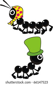 Vector Ant in green hat and insect (caterpillar) in yellow head scarf - isolated illustration on white background
