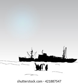 Vector antarctica background with  penguin and science ship