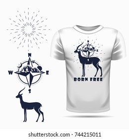 Vector antelope silhouette view side for retro logos, emblems, badges, labels template vintage design element. Isolated on t-shirt blank