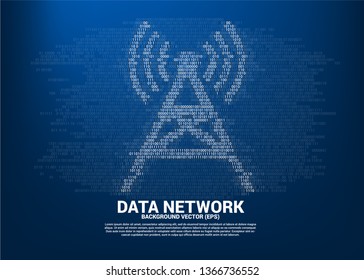 Vector antenna tower icon binary code style. Concept for data transfer of mobile and wi-fi data network.