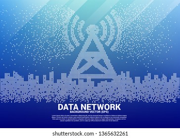 Vector antenna tower icon in the city pixel transform style. Concept for data transfer of mobile and wi-fi data network.