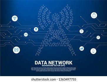 Vector antenna tower icon dot connect line circuit board style mobile data icon. Concept for data transfer of mobile and wi-fi data network.