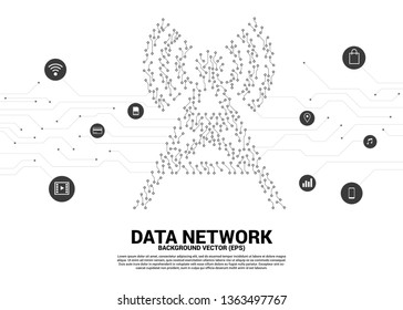 Vector antenna tower icon dot connect line circuit board style mobile data icon. Concept for data transfer of mobile and wi-fi data network.