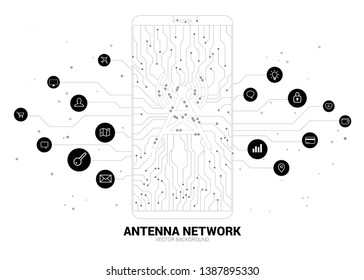 Vector antenna tower icon on mobile phone from dot connect line circuit board style mobile data icon. Concept for data transfer of mobile and wi-fi data network.