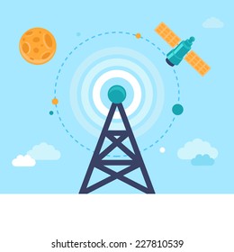 Vector antenna tower and satellite icons in flat style - global communication concept