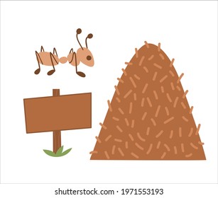 Vector anthill icon. Ant house illustration isolated on white background. Ant insect, wooden sign board flat picture.
