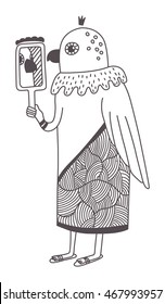 Vector anthropomorphic design bird holding a mirror