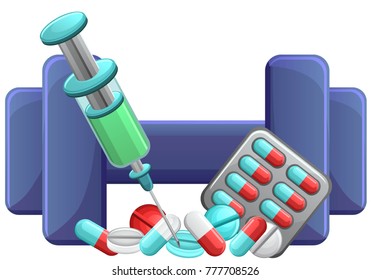 Vector anti doping illustration with a dumbbell and medical pills, syringe isolated on white background. Stop dopping in sports
