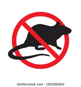 Vector anti pest sign with black rat silhouette under crossed red circle isolated on white background