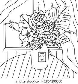 Vector anti stress coloring book with flowers on a white background. Flowers in a vase on the table for coloring by adults.