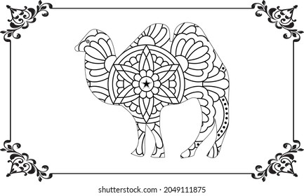 Vector anti stress coloring book page for adult with animal. camel. style illustration with high details isolated on white background. monochrome sketch line art.