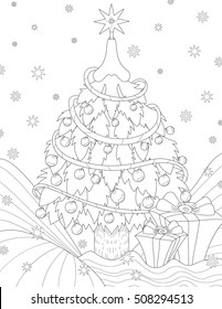 Vector anti stress coloring book page for adult. Pattern with Christmas tree and gifts in boxes