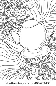 vector anti stress pattern for coloring book. abstract ornament with teapot, black line art on white background. Ethnic retro design in zentangle style