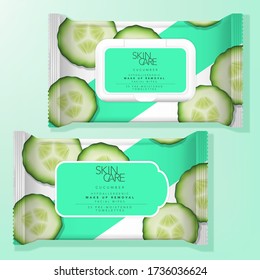 Vector Antibacterial Alcohol Wet Tissue or Beauty Make up Removal Wipe Resealable Label or Plastic Lid Packaging. Cucumber Pattern Printed.