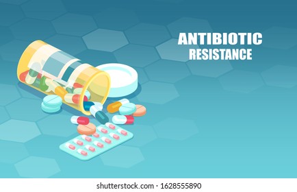 Vector of antibiotic capsules spilling out bottle. Multidrug resistance problem concept.