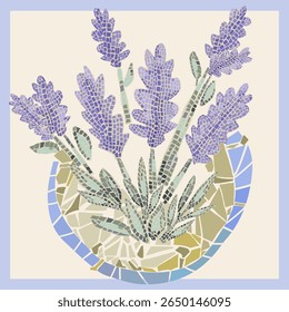 Vetor, Estilo Antik. Mão Livre. Mosaico de flor de lavanda.