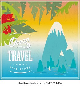 vector antique advertisement with sea trip drive classic holiday summer earth star boat landscape palm tour isolated abstract vacation vessel scene tourism sky sight cloud subtropical dirt sea blue ex