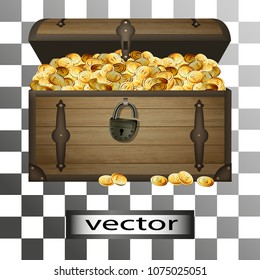 Vector, antique chest of gold coins, a mountain of gold lies hidden, the pirate opened the lock hanging, chest of wood, covered with iron . 3D, grid, realistic illustrations.