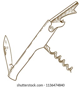 Vector antique engraving drawing illustration of corkscrew or bottle-screw isolated on white background