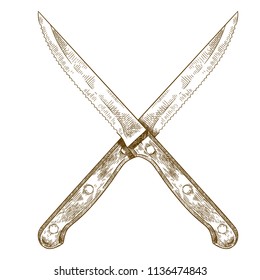 Vector antique engraving drawing illustration of crossed knives isolated on a white background