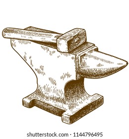 Vector antique engraving drawing illustration of anvil and hammer isolated on white background