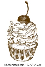 Vector antique engraving drawing illustration of delicious cupcake isolated on white background