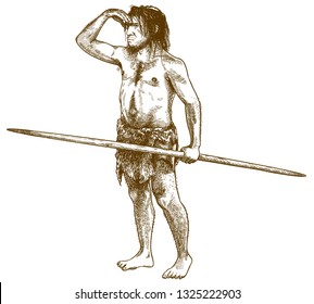 Vector Antique Engraving Drawing Illustration Of Caveman Or Primitive Man Isolated On White Background